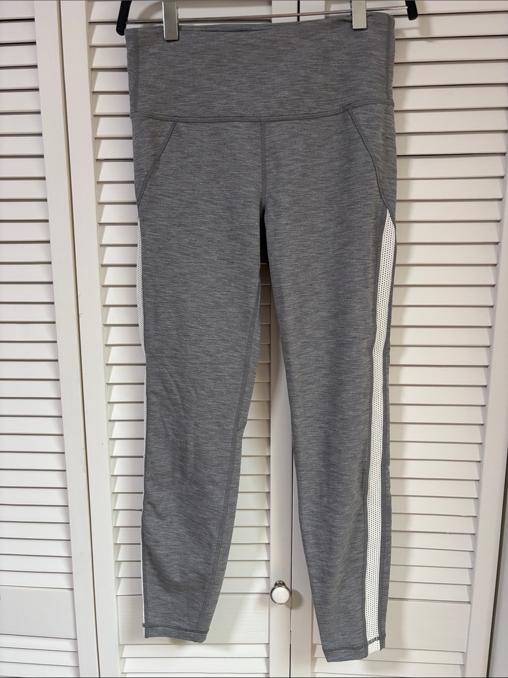 Athleta Gray High-Rise Cropped Leggings with White Side Stripe